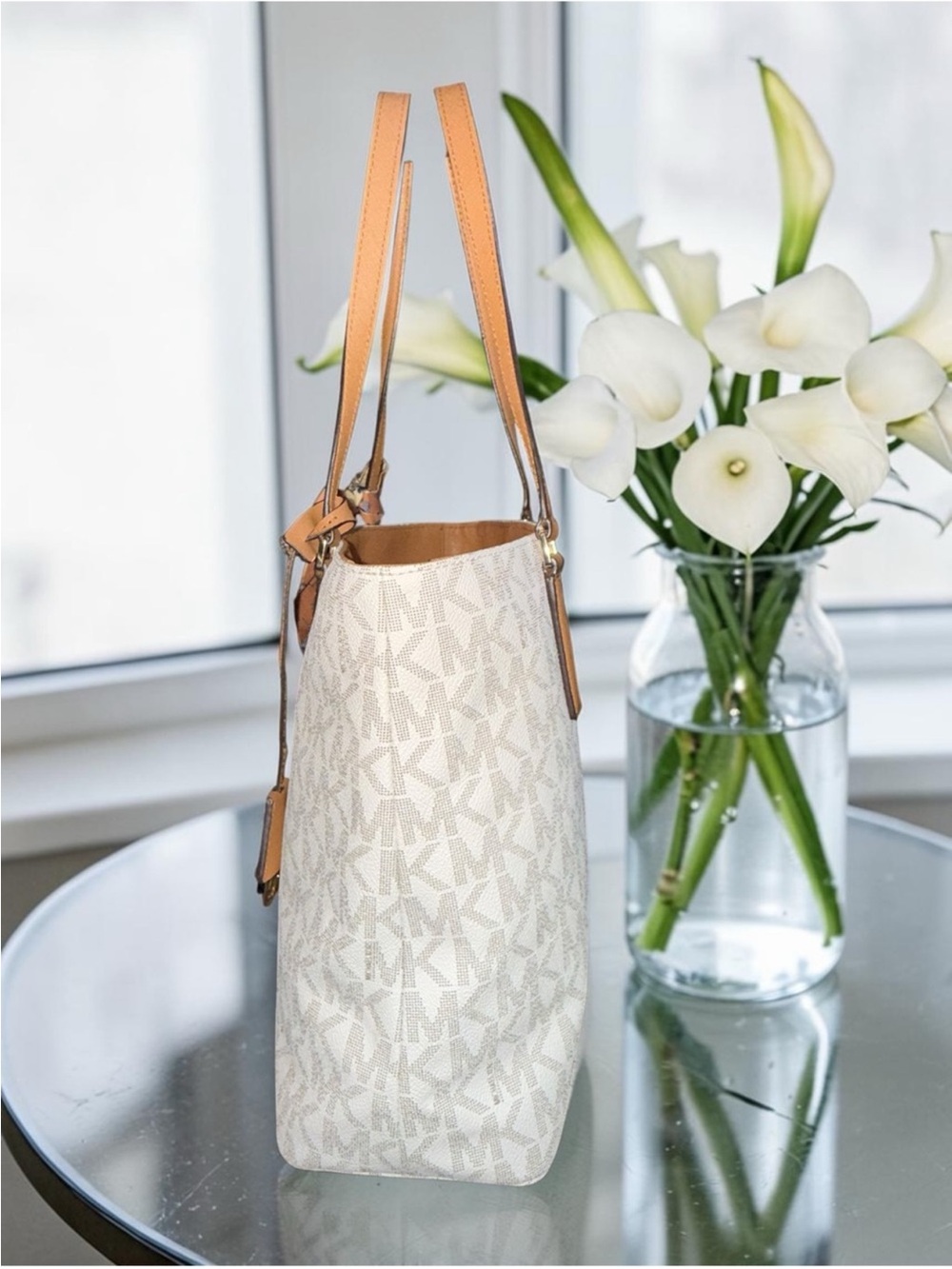 Michael Kors Cream Signature Tote with Tan Handles and Floral Scarf - Picture 5 of 10